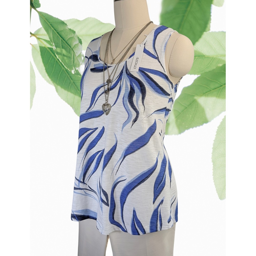 Chicos Sz 3 Sleevel. Tank Top Women Wild silk optic Blue White Leaf Print NWT